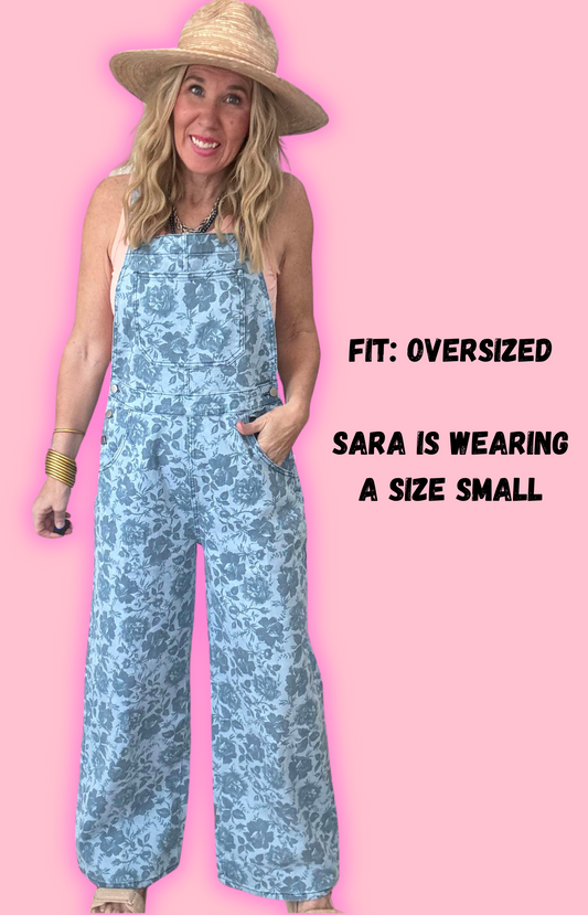 Blue Floral Straight Leg Overalls**