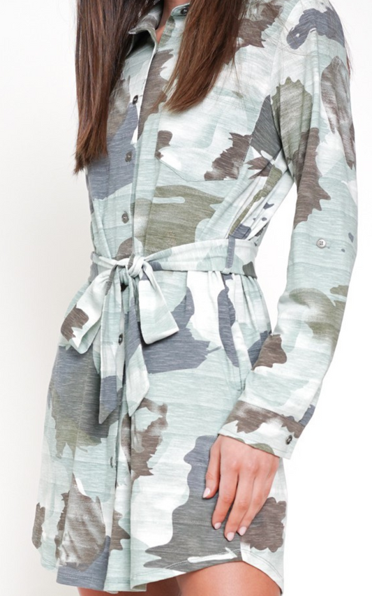 Textured Camo Print Shirt Dress