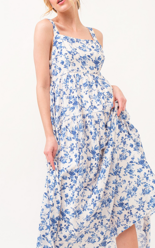 Square Neck Smocked Back Wallprint Long Dress