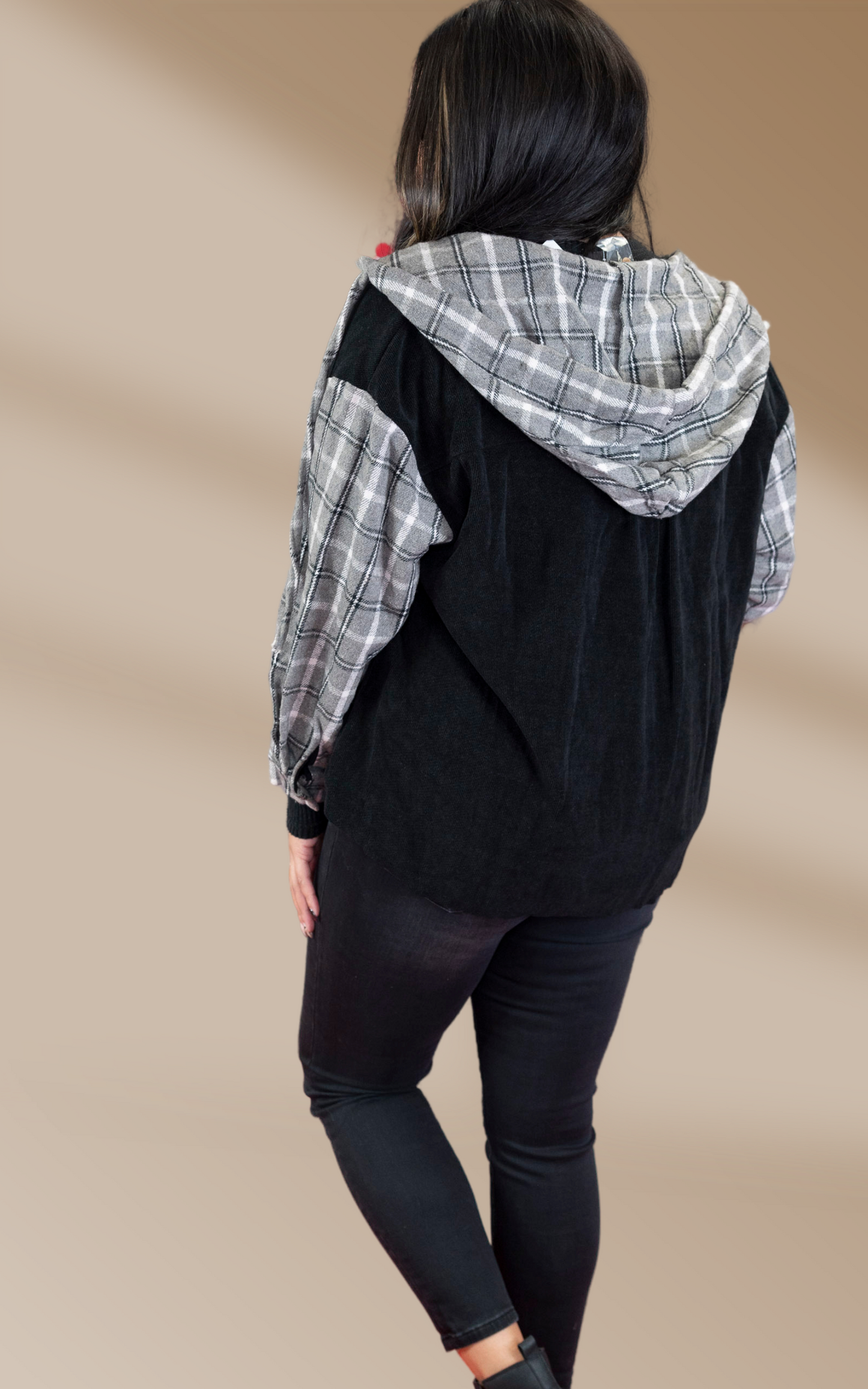 Black Plaid Hooded Shacket** - Final Sale