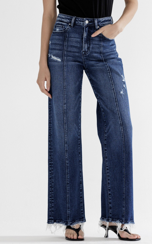 MICA | French Navy Super High Rise Seam Front Wide Leg Denim Jeans