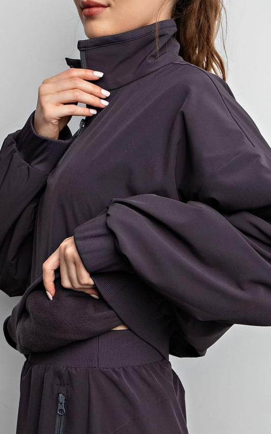 Stretch Woven & Inner Fleece Mock Neck Pullover | RAE MODE