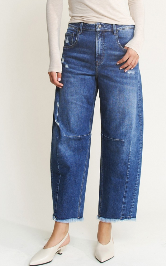 Medium Saphire Super High Distressed Ankle Barrel-Leg Denim Jeans | MICA
