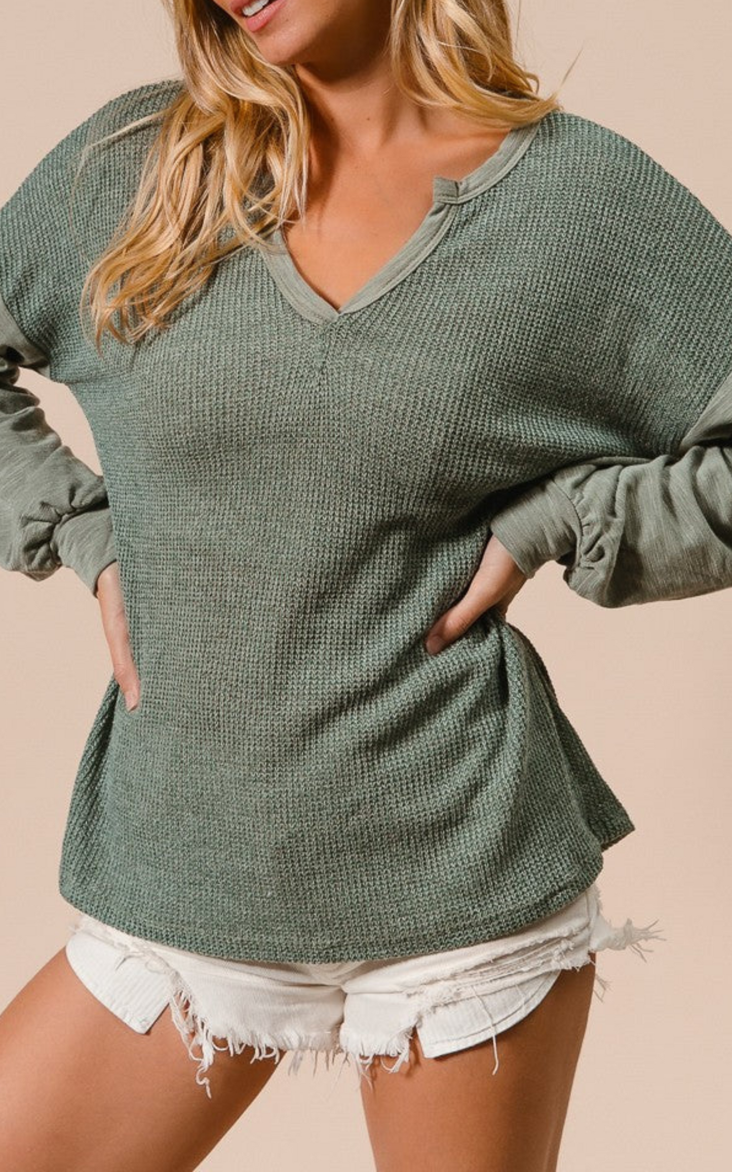 Vintage Olive Hacci Knit Balloon Sleeve Top * -Final Sale