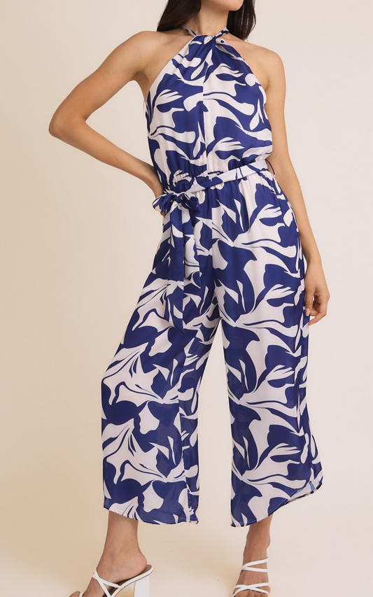 Navy Abstract Sleeveless Tie Jumpsuit - Final Sale