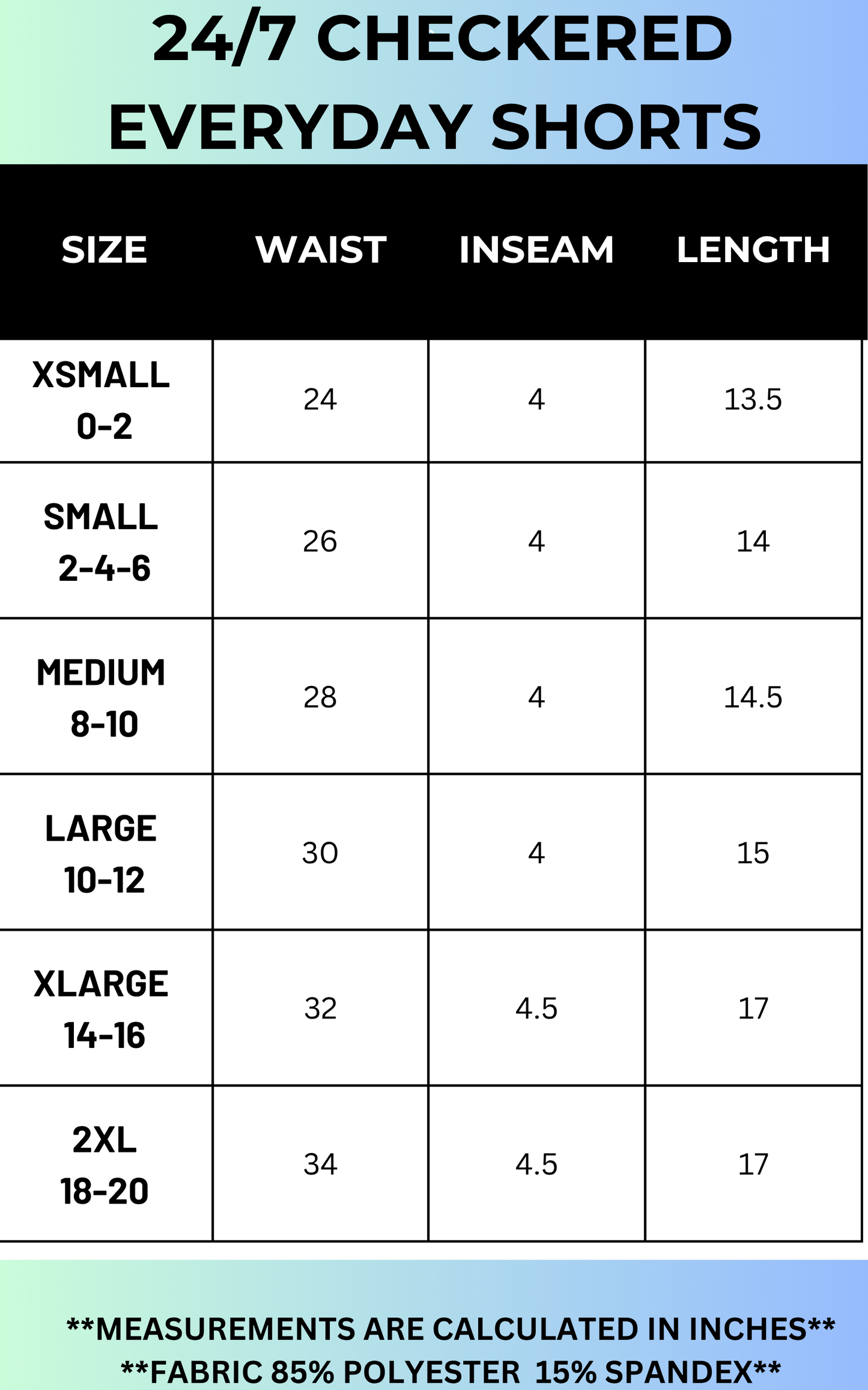 Checkered shorts size chart with measurements in inches