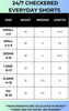 Checkered shorts size chart with measurements in inches