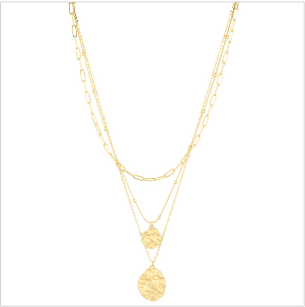 Gold Triple Layered Chain Hammered Circles 16"-18" Necklace