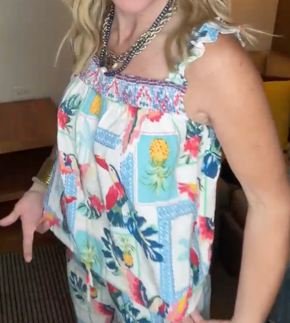Tropical Print Linen Blend Ruffle Shoulder Top - Final Sale