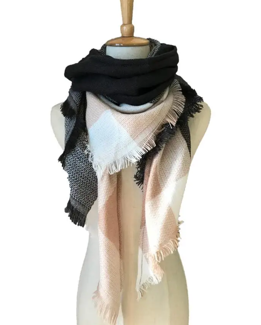 Peach/Grey Plaid Triangle Blanket Scarf - Final Sale