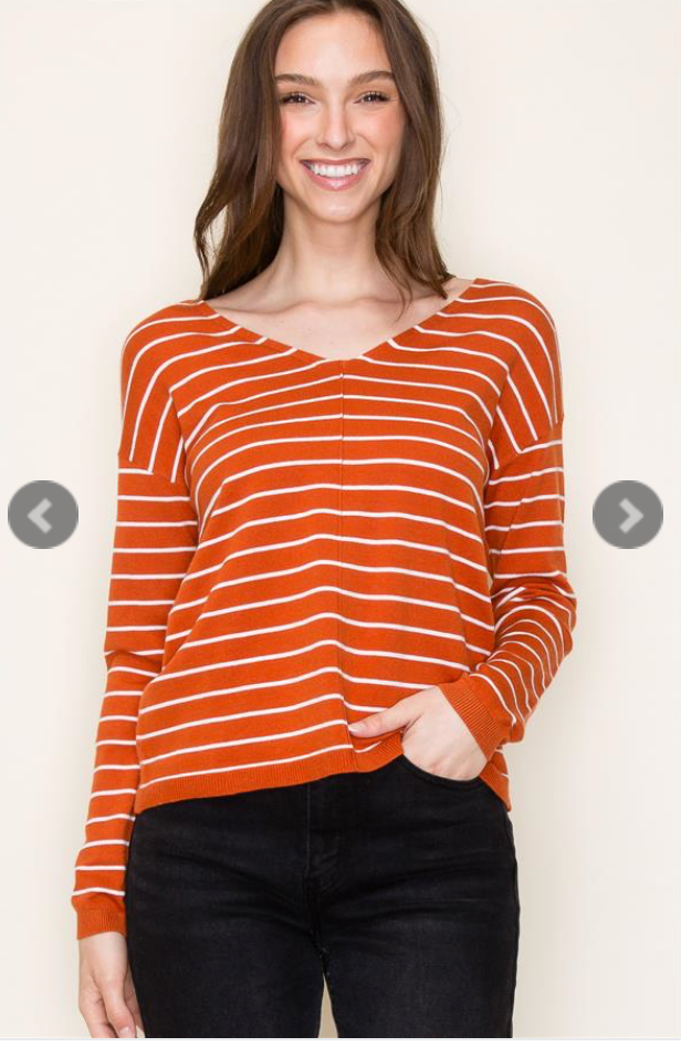 Pumpkin Striped V-Neck Sweater - Final Sale