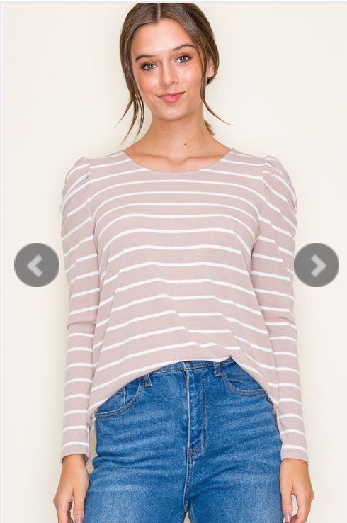 Taupe/Ivory Stripe Puff Sleeve Top**