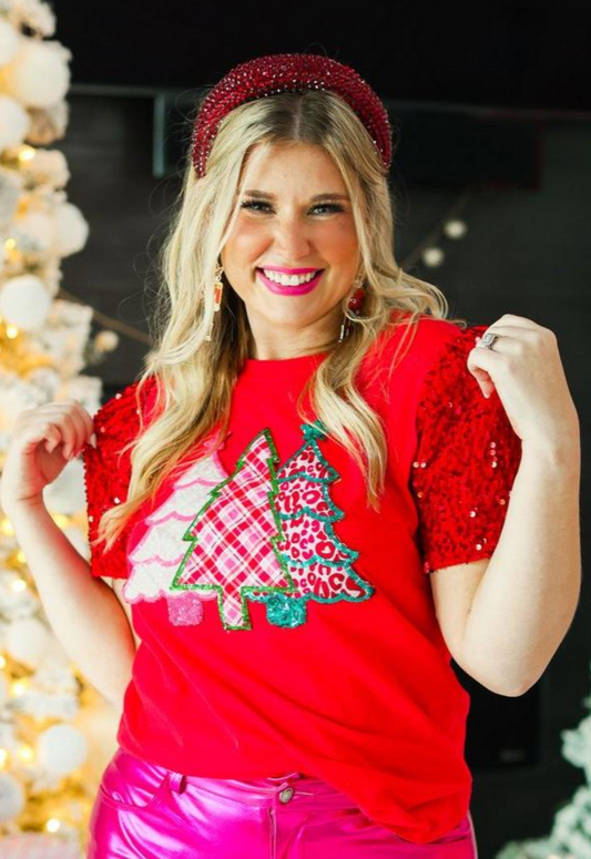 Festive Forest on Red T-Shirt with Sequin Velvet Sleeves *30A OCTOBER LIVE PREORDER