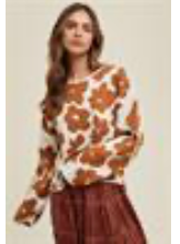 Mocha Floral Jacquard Relaxed Cropped Sweater - Final Sale