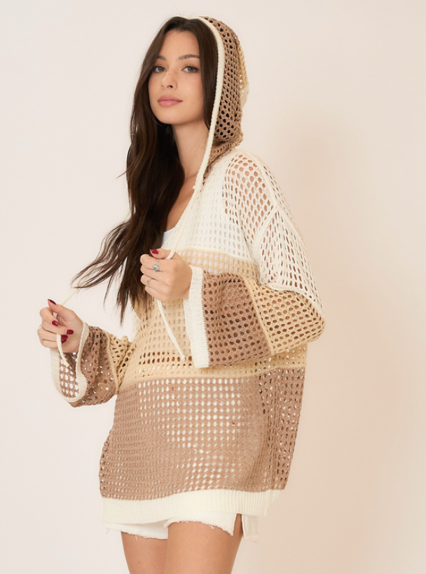 Natural Crochet Colorblock Hoodie