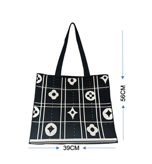 Black Knit Floral Grid Large Tote Bag