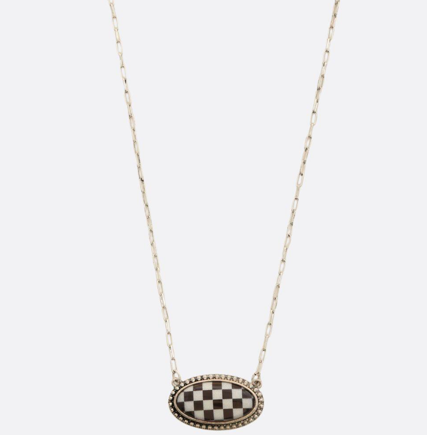 Western Black Checked Pendant Link Necklace