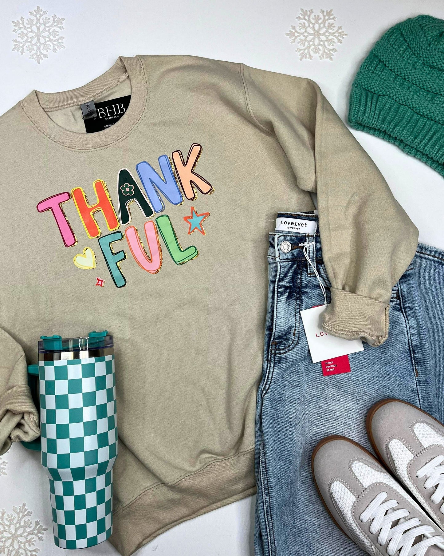 A Colorful Thankful Crewneck Graphic Sweatshirt
