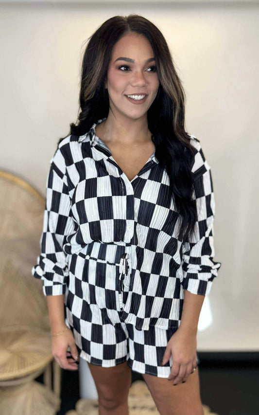 Check Yourself Long Sleeve Plissé Top and High Waist Short Set - Final Sale