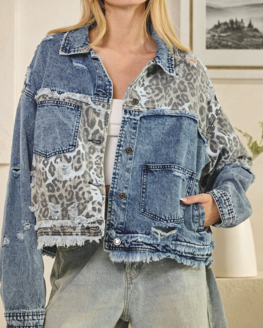 Washed Leopard Contrast Denim Jacket | OLI & HALI