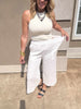 Breathable gauze pants and ribbed tank combo for a chic all-white look.