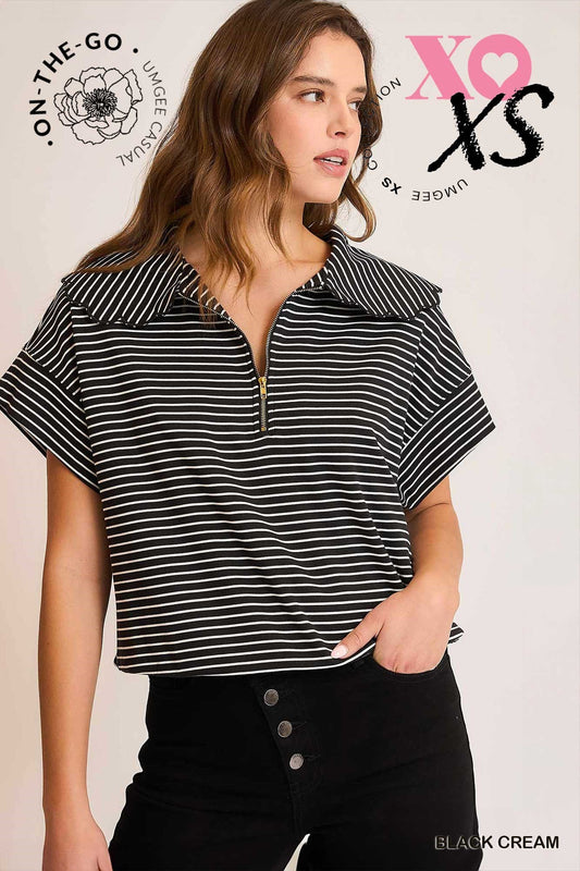 Striped Zip-Up Collared Top | UMGEE - Final Sale