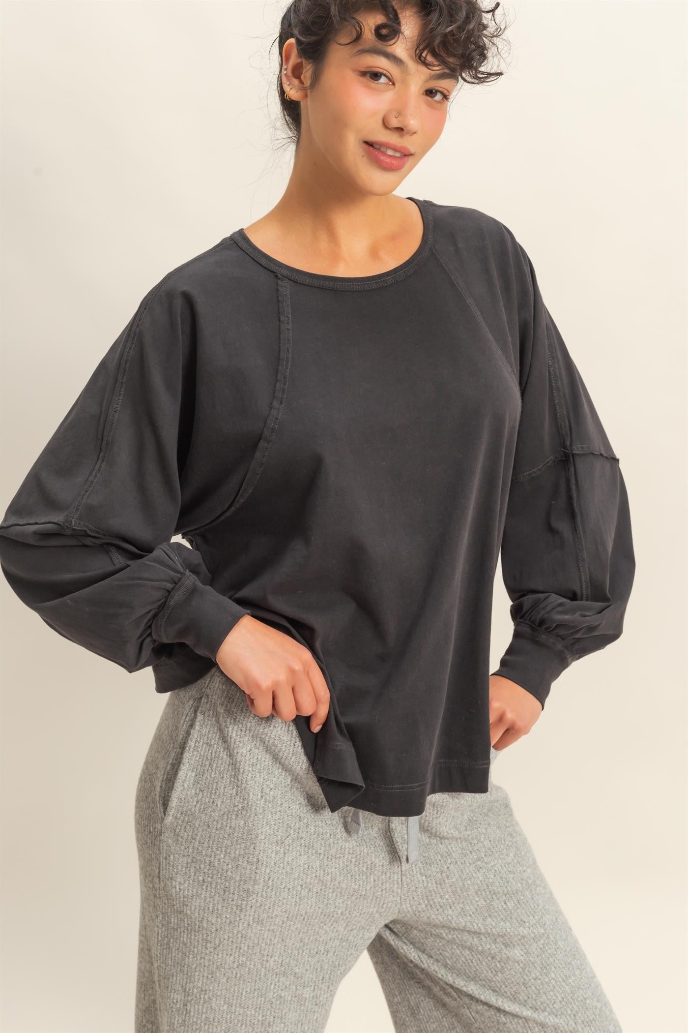 Washed Oversized Long Sleeve Top With Slit (3 COLORS) | HYFVE *LA LIVE PREORDER**