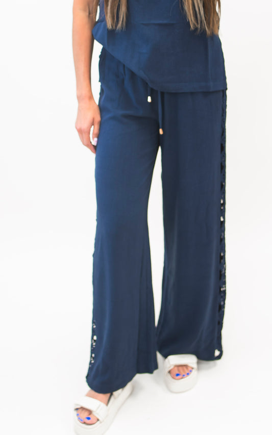 Linen Blend Navy Wide Leg Pant