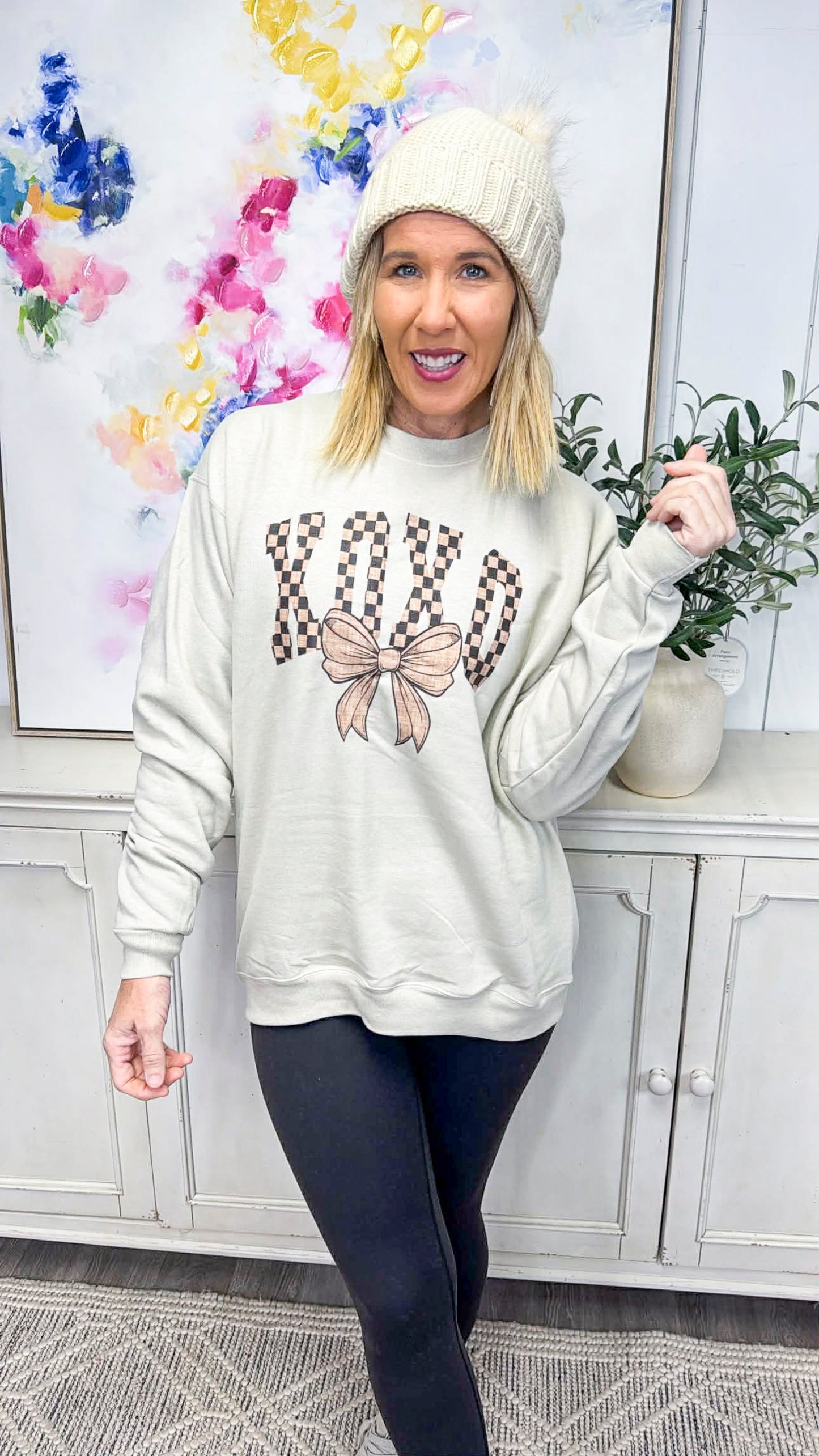 XOXO Checked Sand Crewneck Graphic Sweatshirt *