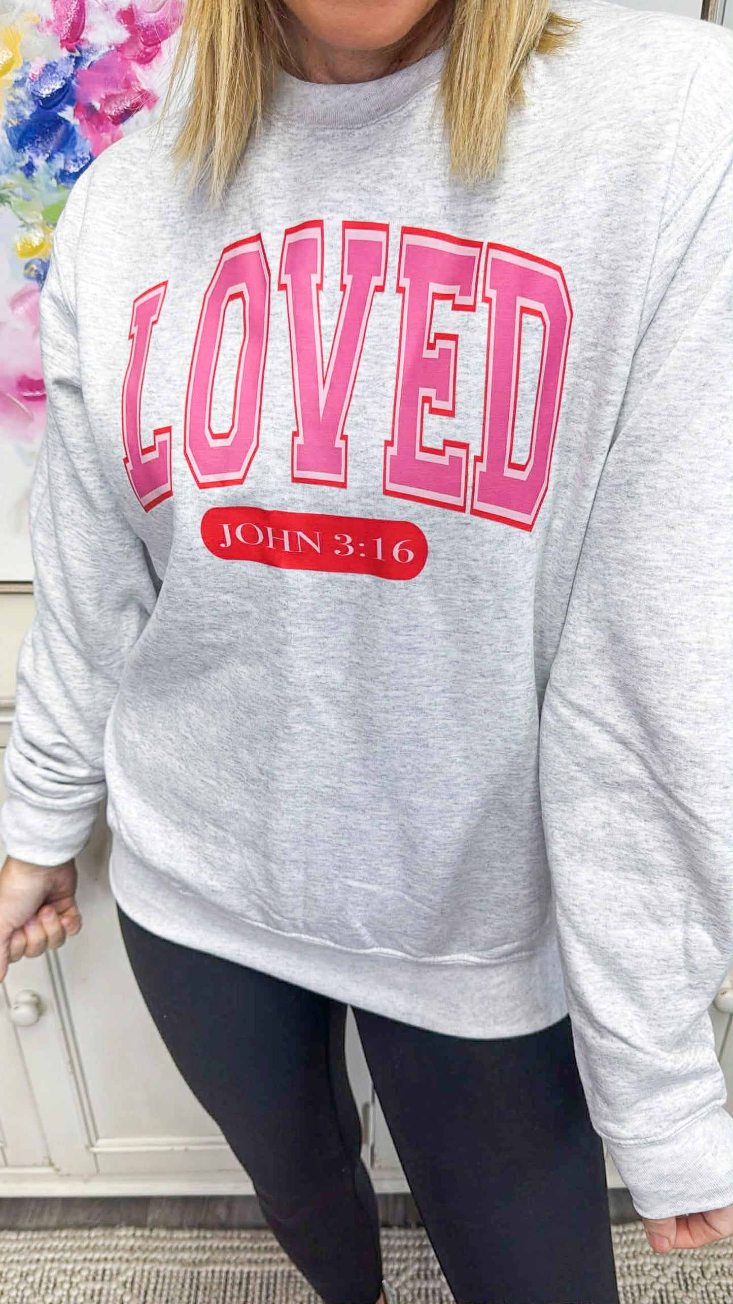 LOVED John 3:16 Ash Crewneck Graphic Sweatshirt *