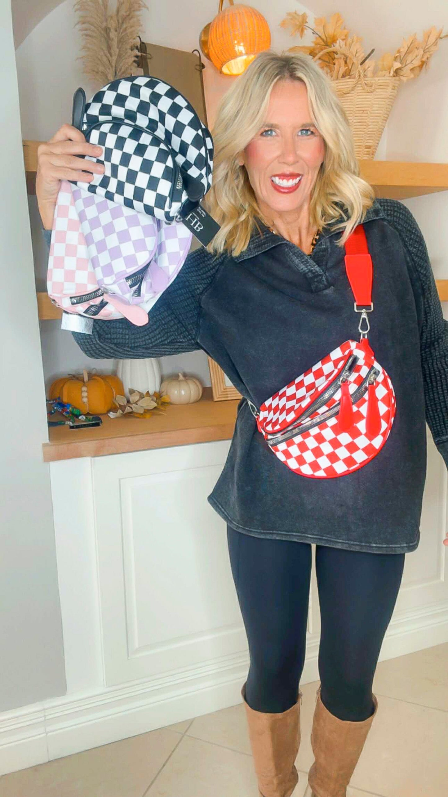 Checkered Double Zip Crescent Sling Bum Bag - DEAL