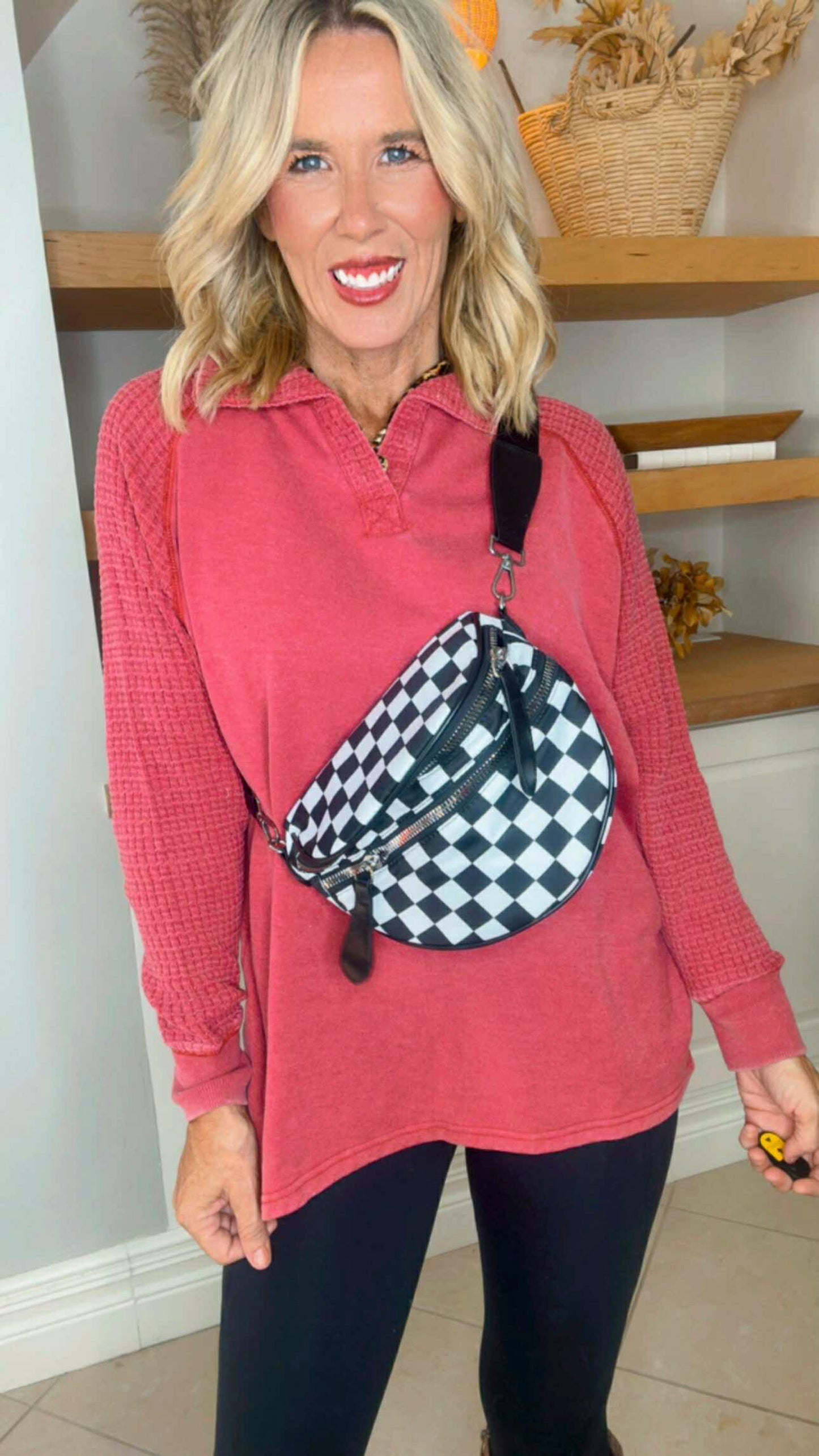 Checkered Double Zip Crescent Sling Bum Bag - DEAL