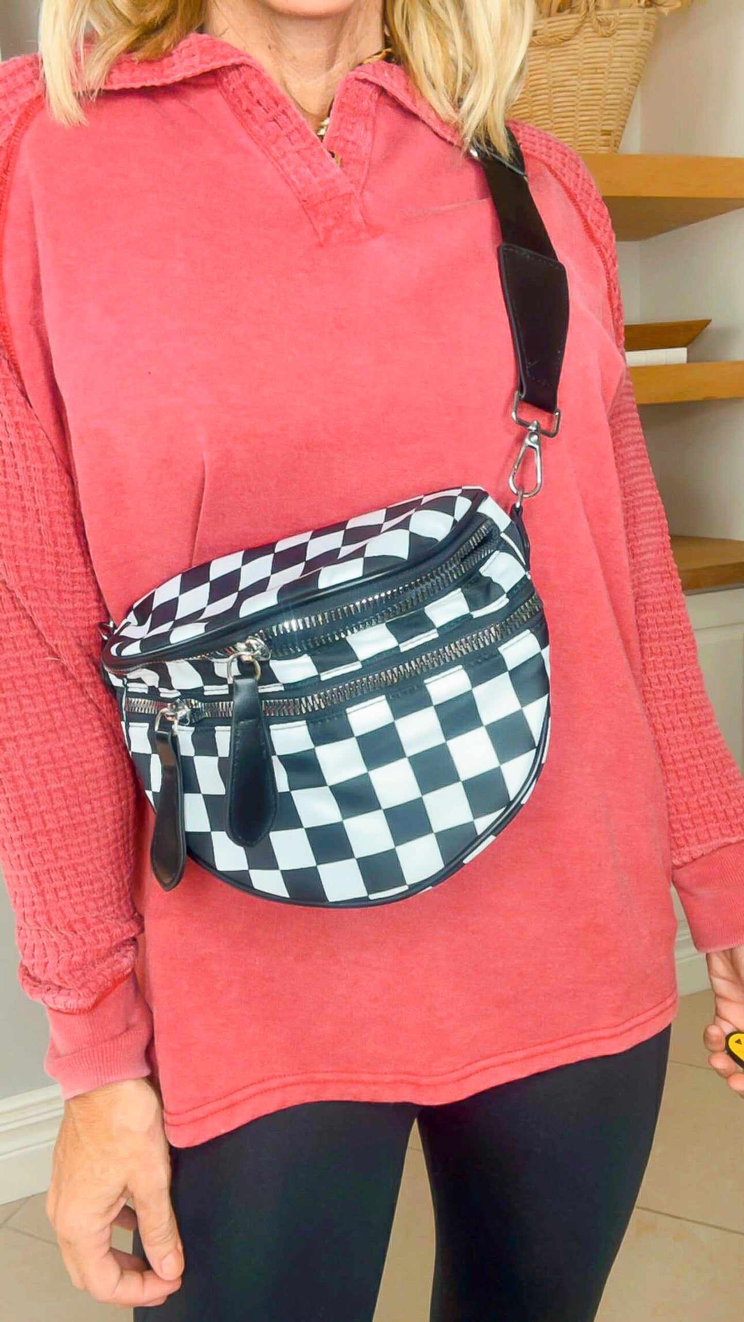 Checkered Double Zip Crescent Sling Bum Bag - DEAL