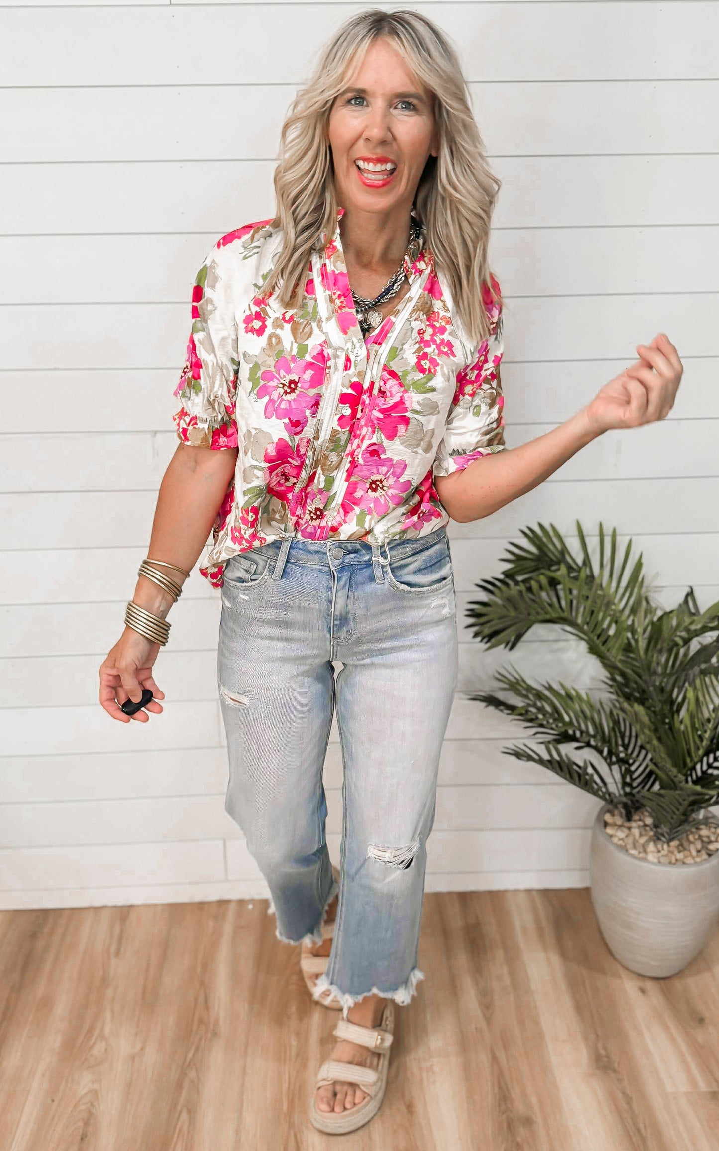 Floral Print Pintuck Detail Split Neck Blouse Top