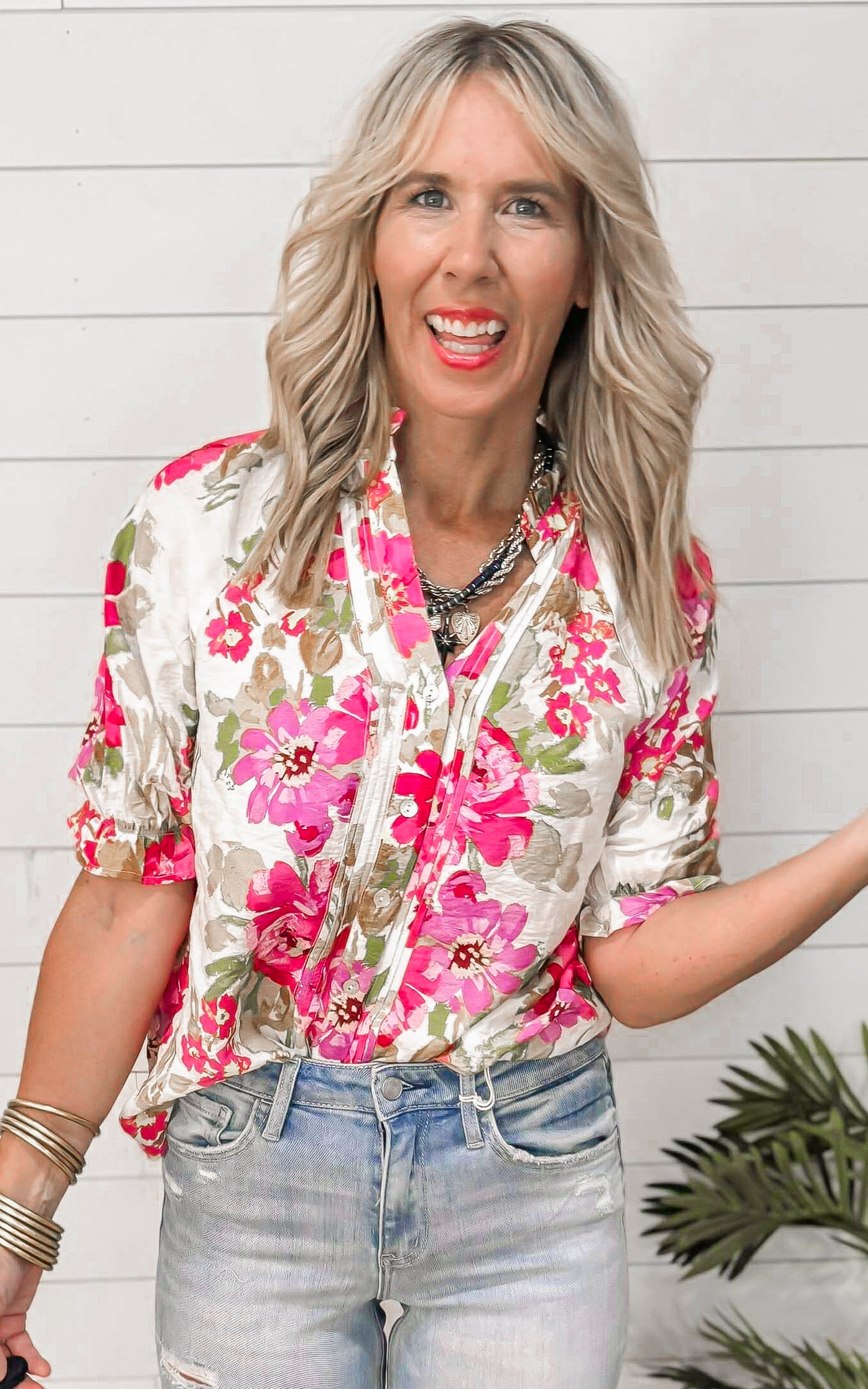Floral Print Pintuck Detail Split Neck Blouse Top