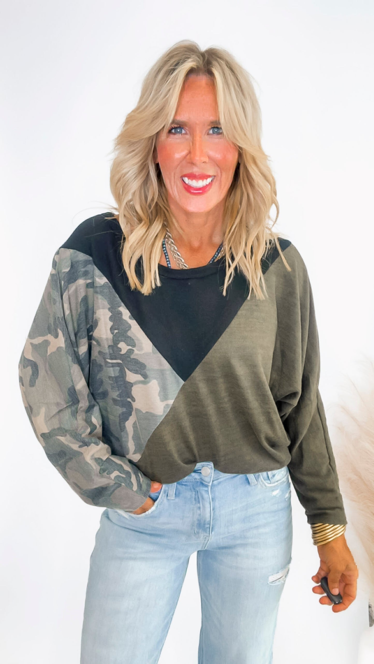 Brushed Hacci Color Block Top With Camouflage (3 COLORS)