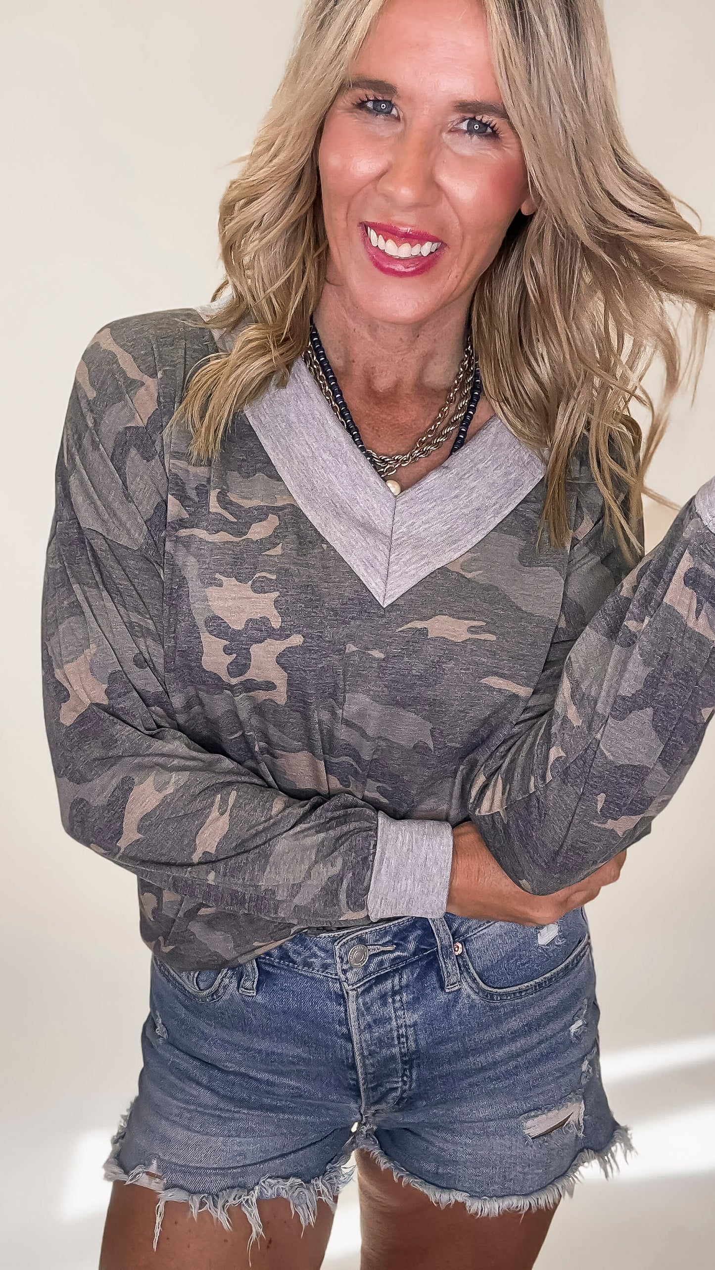 Camouflage V-neck Top With Contrast Neck Band