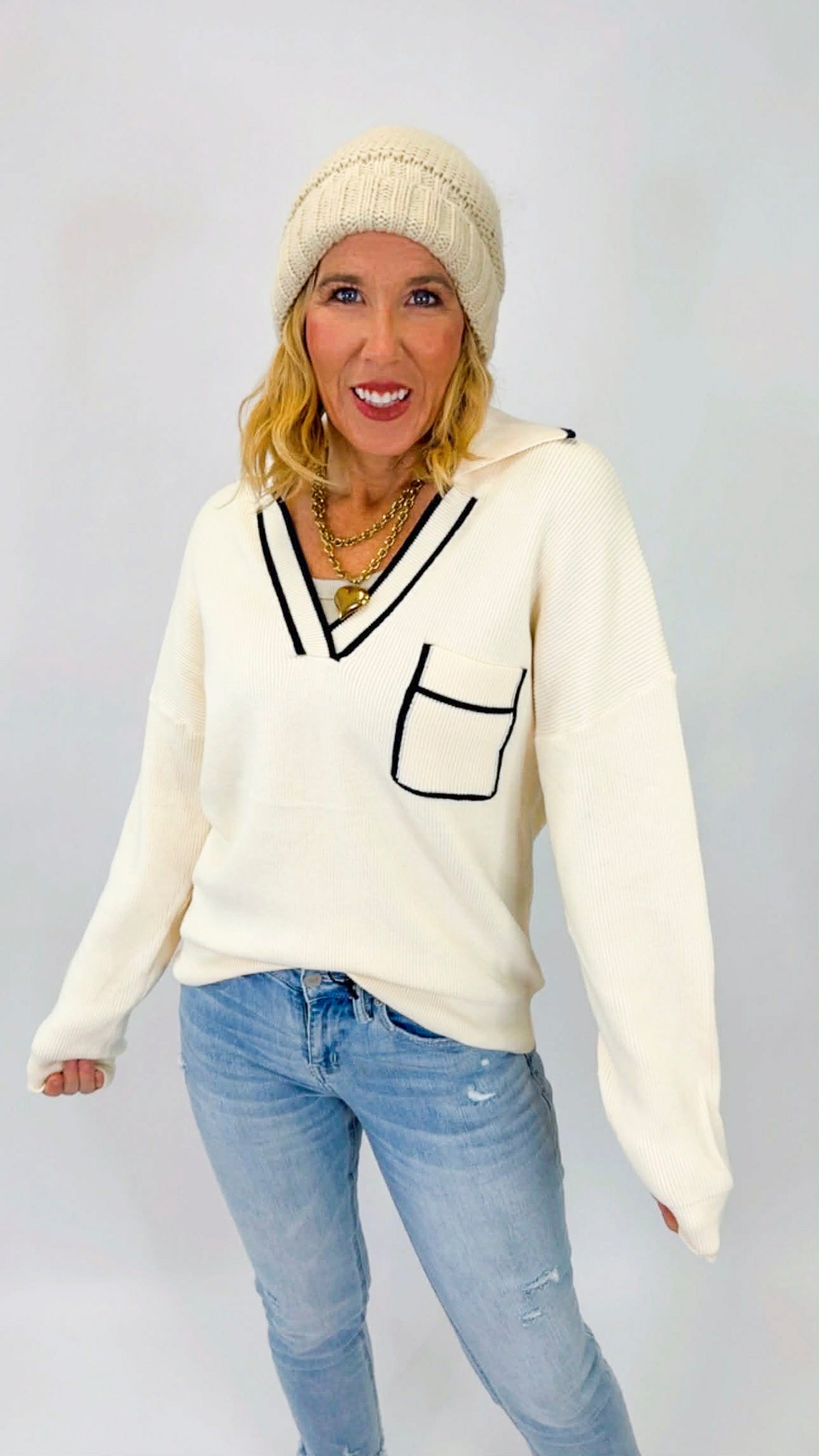 Collared Pullover Sweater With Contrast Trim