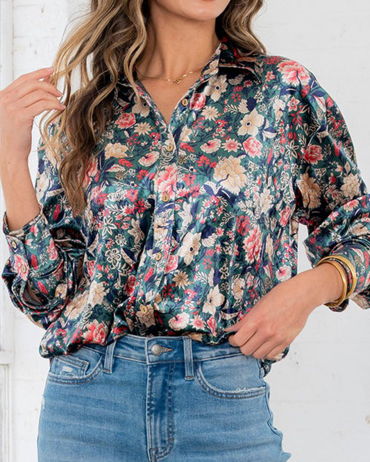 Green Floral Print Button Down Satin Blouse | SEW IN LOVE *30A SEPT PREORDER
