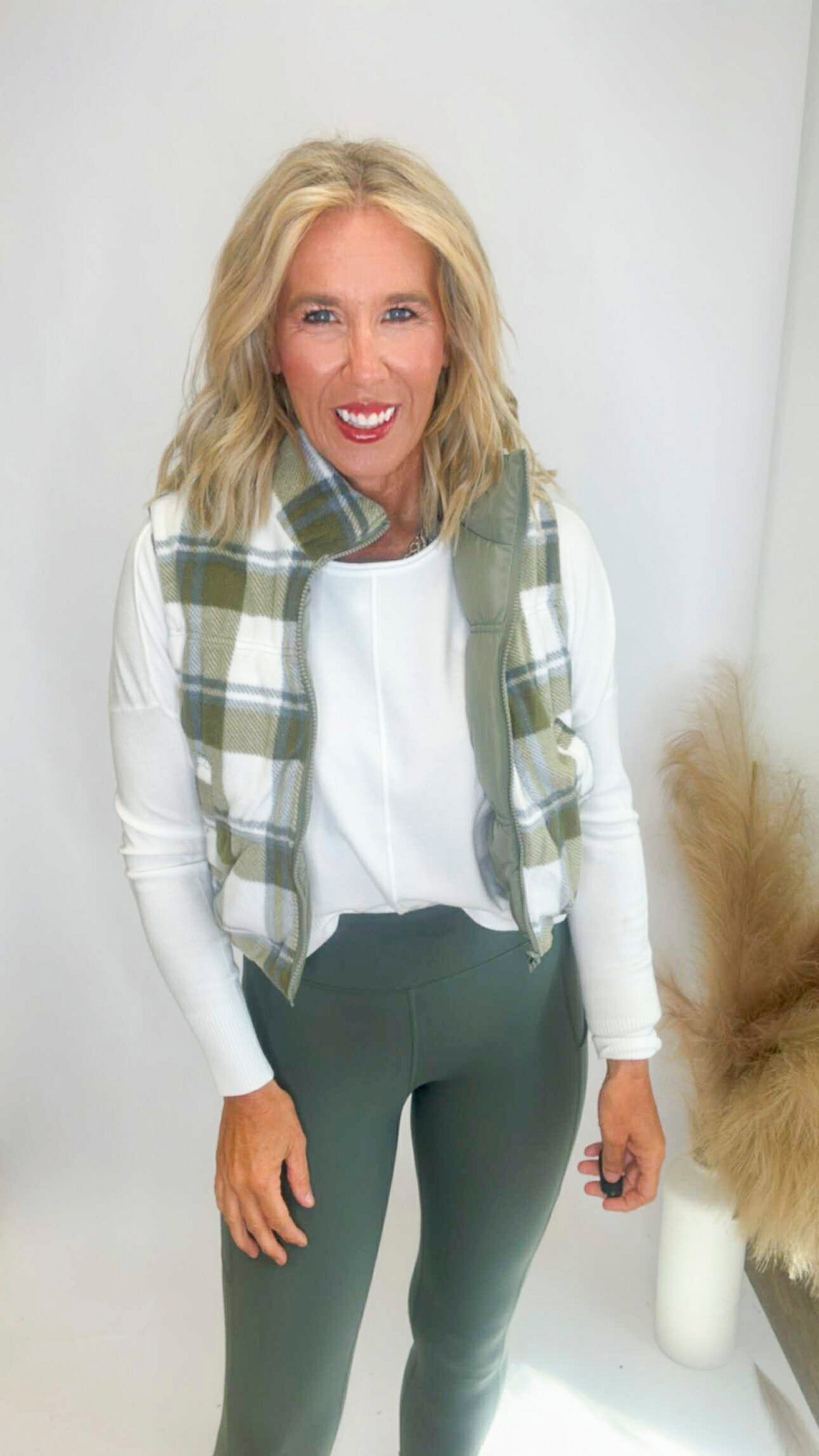 Olive Stone Full-zip Reversible Plaid Puffer Vest