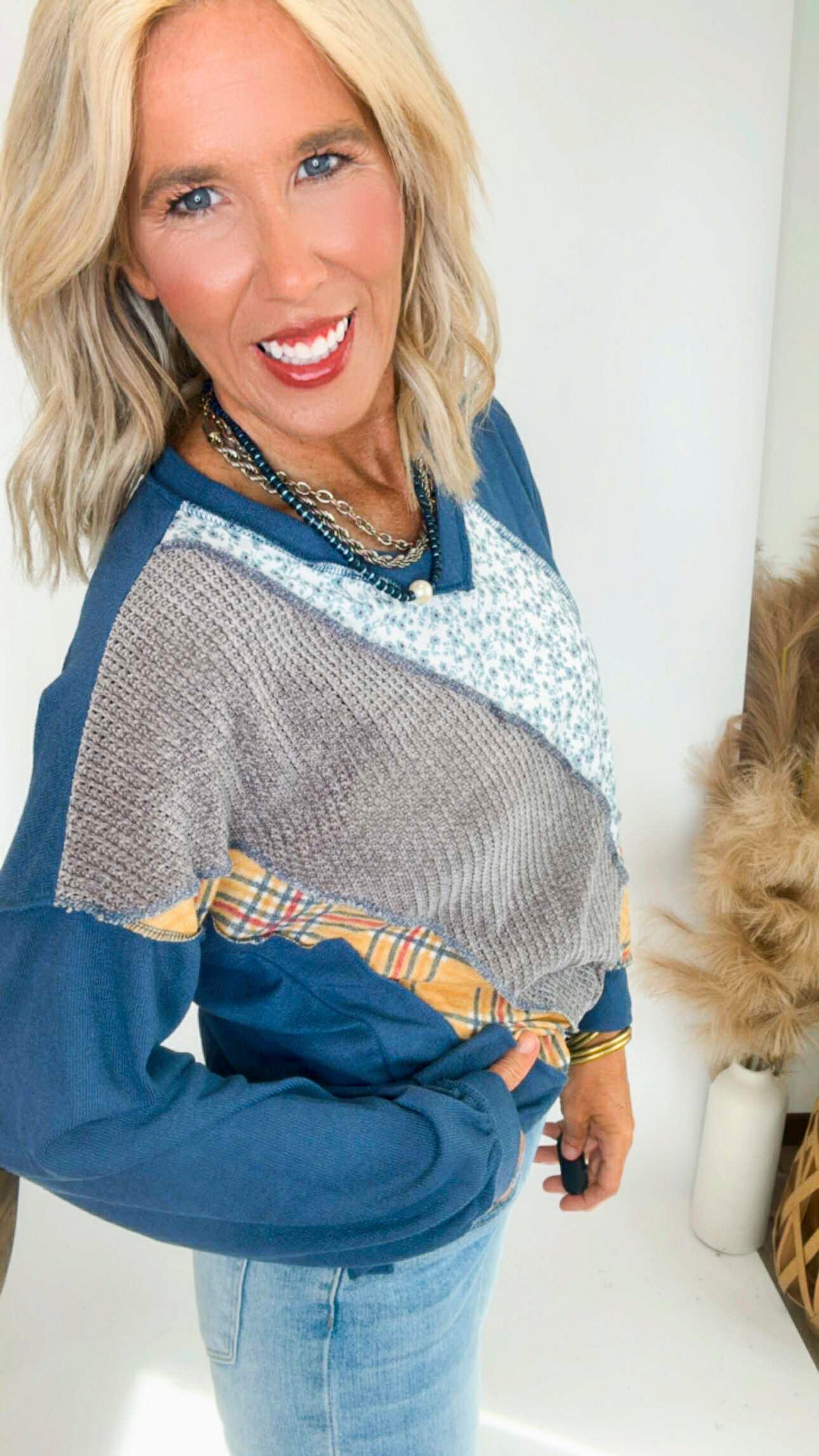 Denim Multi Fabric Patchwork V Neck Long Sleeve Top