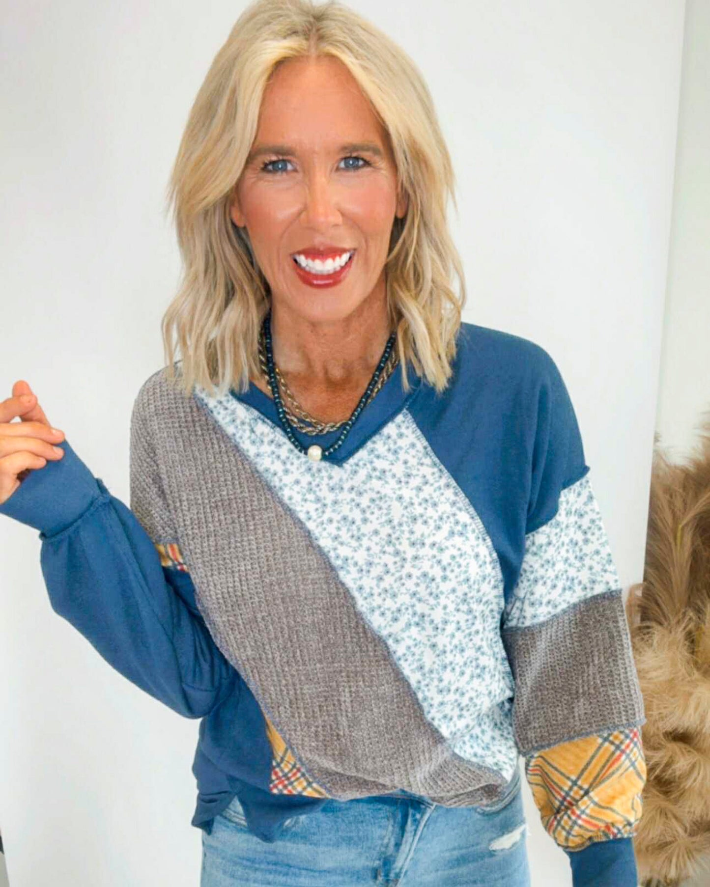 Denim Multi Fabric Patchwork V Neck Long Sleeve Top