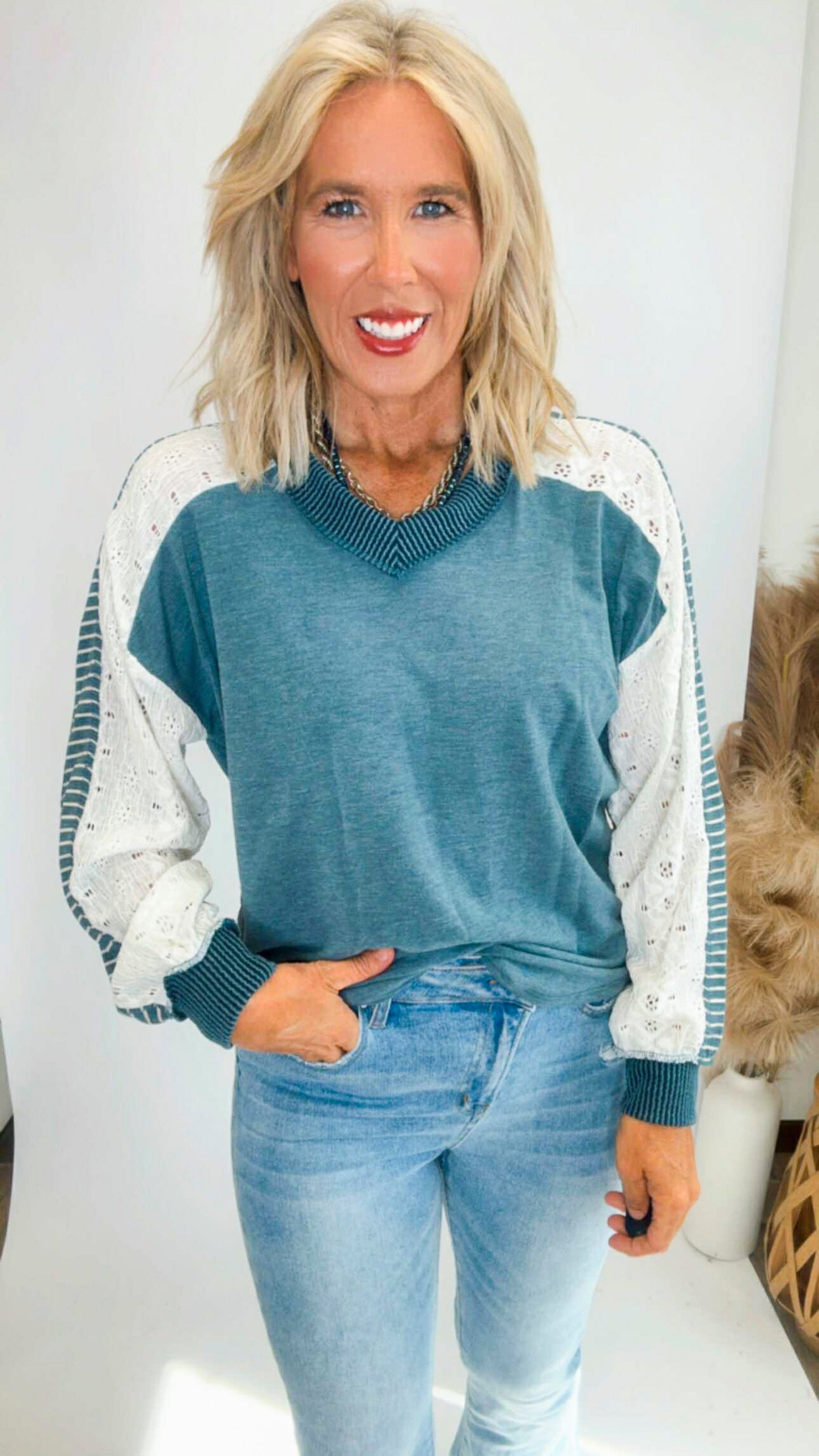 Vintage Teal Multi Fabric Contrast Sleeve V Neck Top