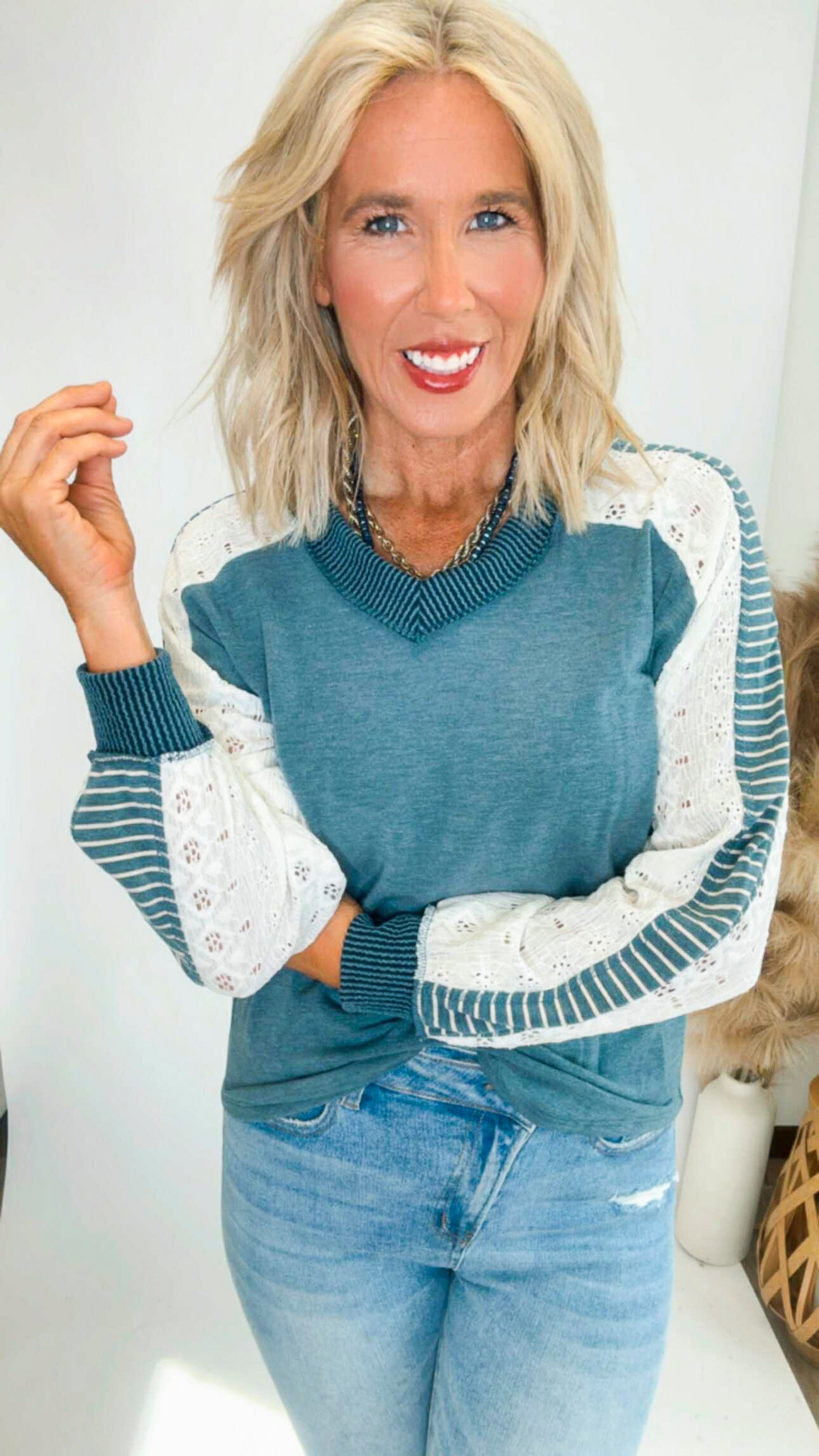 Vintage Teal Multi Fabric Contrast Sleeve V Neck Top