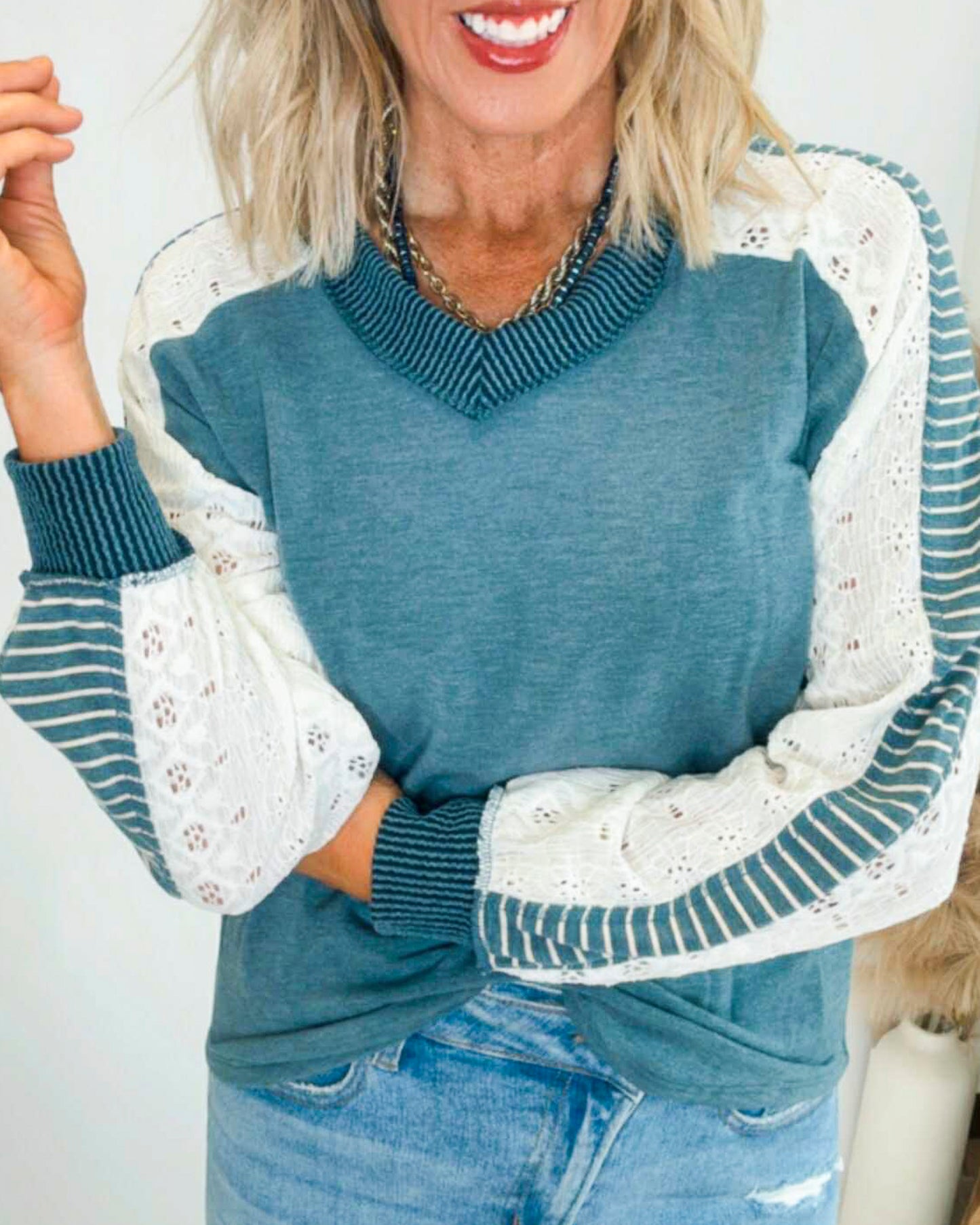 Vintage Teal Multi Fabric Contrast Sleeve V Neck Top