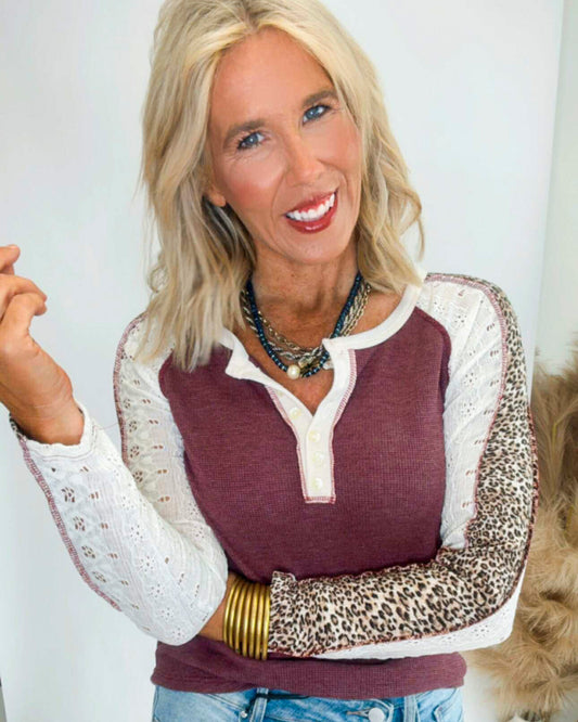 Vintage Burgundy Thermal Knit Button Front Henley Top