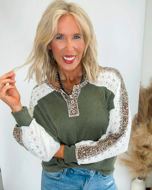 Olive Leopard Contrast Lace Detail Top