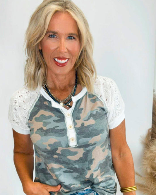 Camo Print Lace Contrast Raglan Sleeves Top