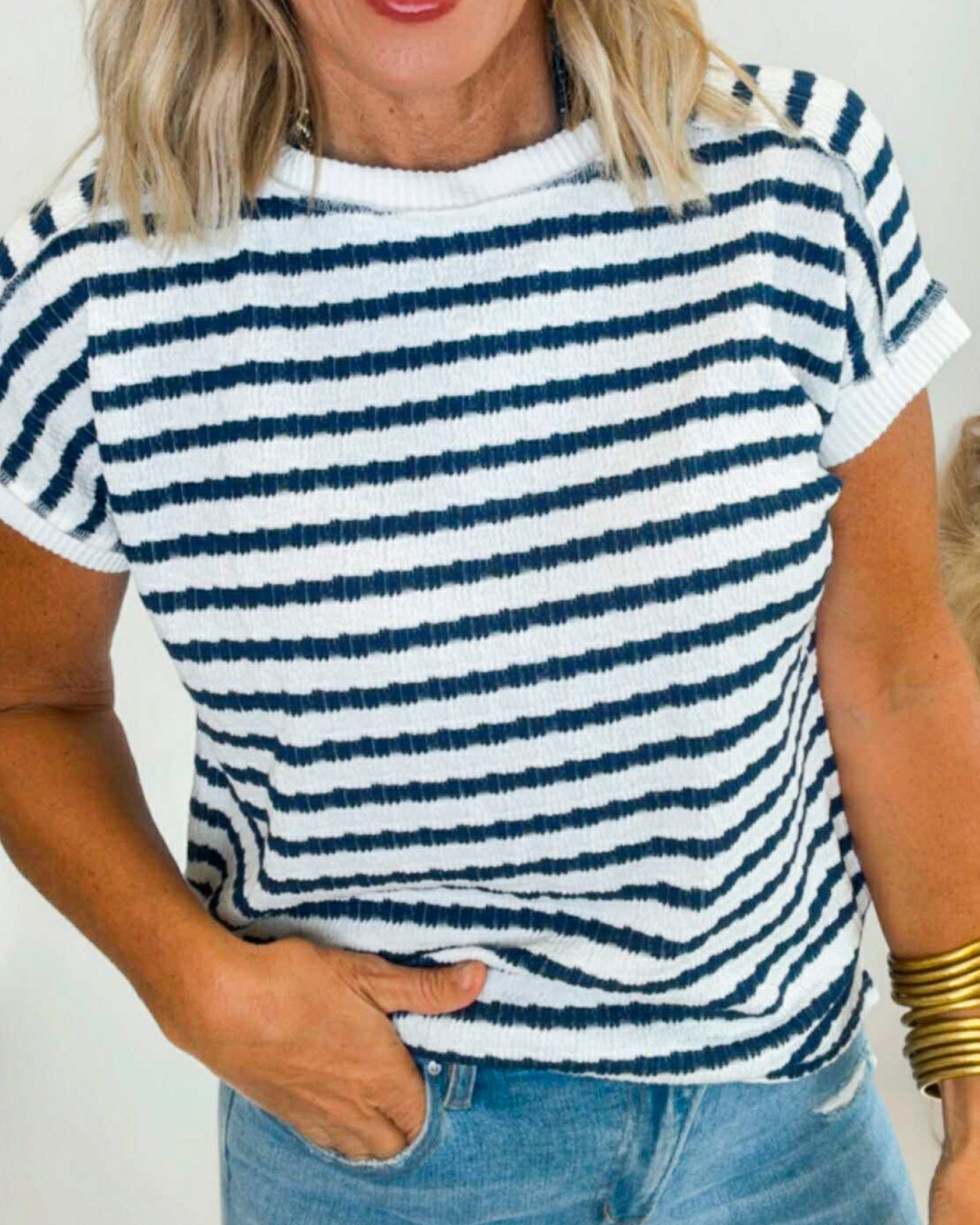 Stripe Textured Short Sleeve Top