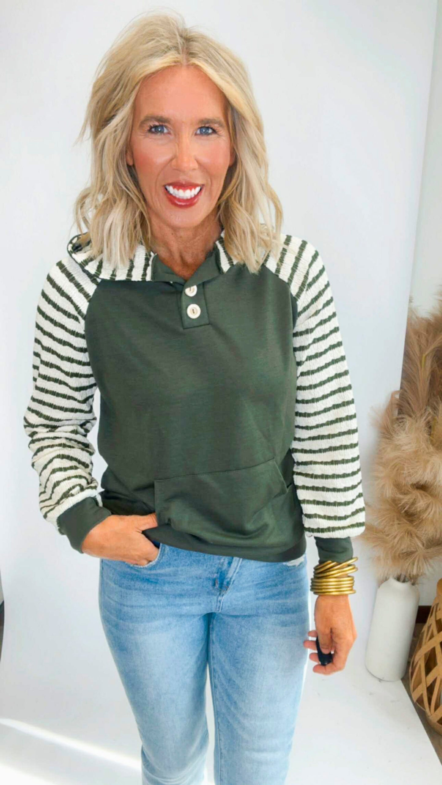 Olive Stripe Contrast Button Front Hoodie